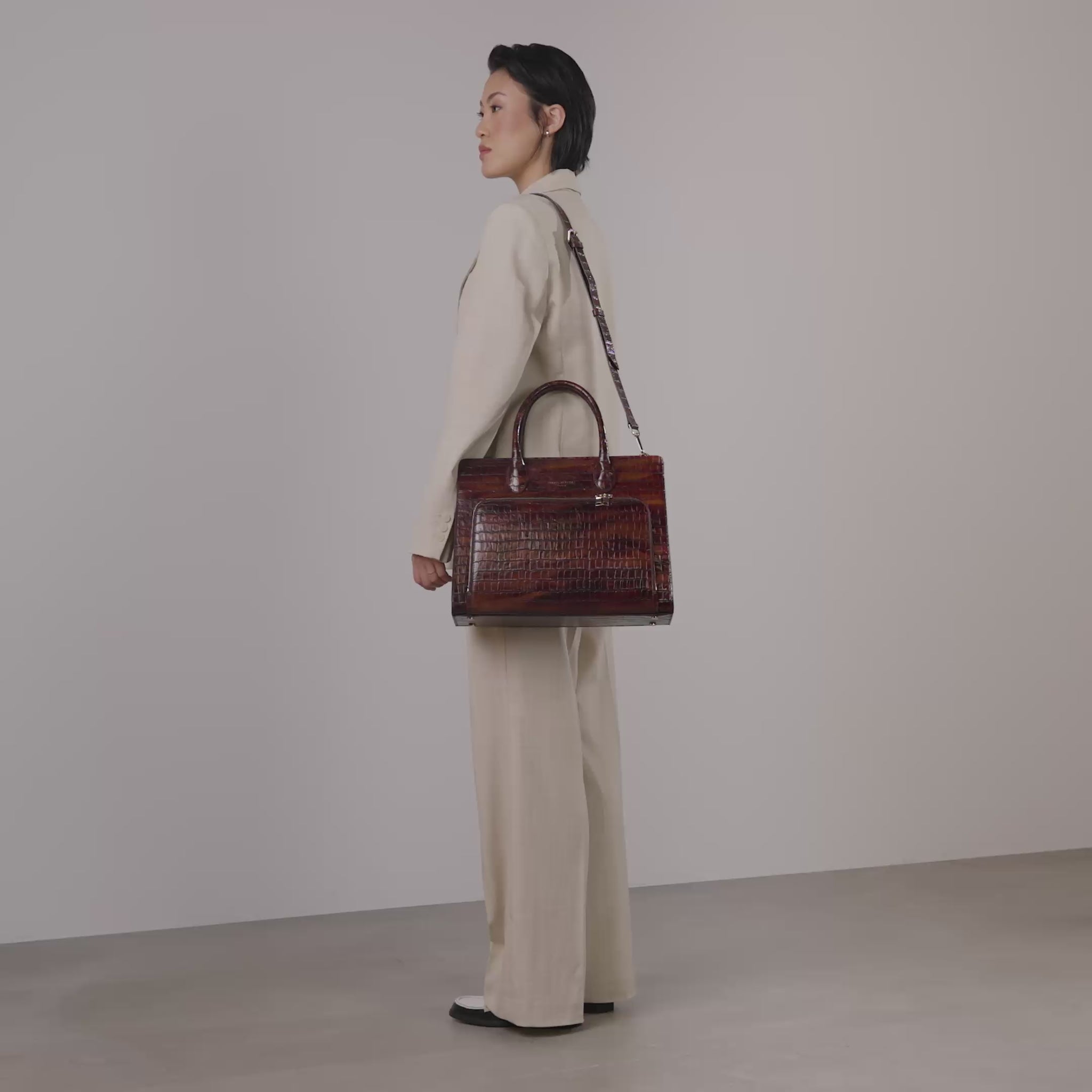 Honoré Nadine croco brown leather handbag with 13 inch laptop pocket - - Isabel Bernard