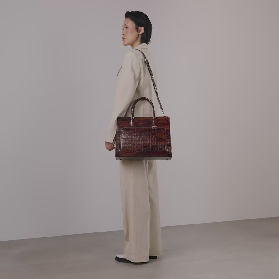 Honoré Nadine croco brown leather handbag with 13 inch laptop pocket - - Isabel Bernard