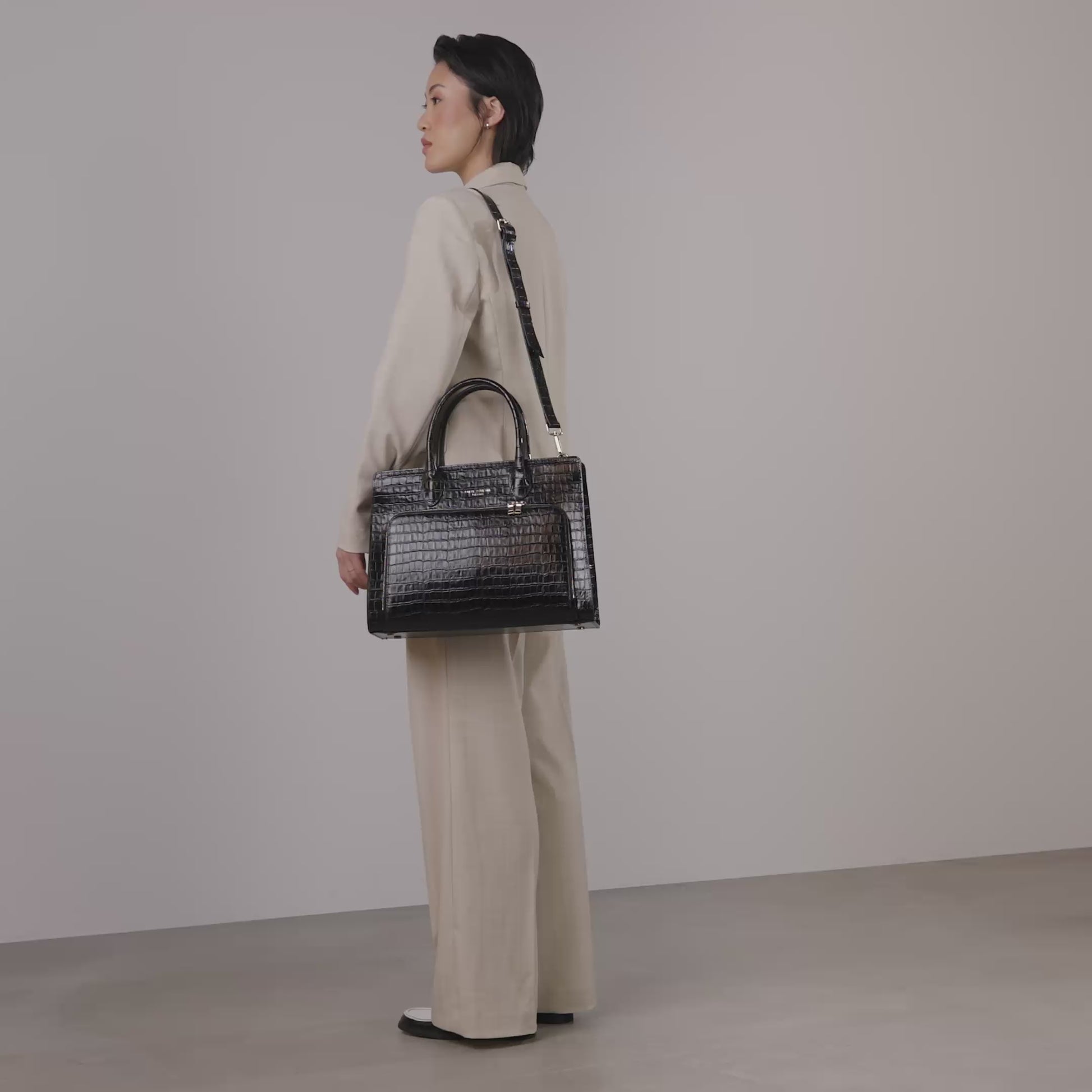 Honoré Nadine croco black leather handbag with 13 inch laptop pocket - - Isabel Bernard