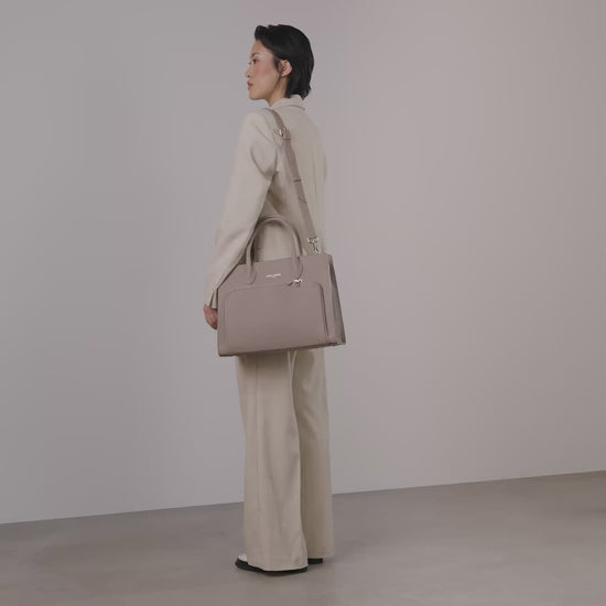Honoré Nadine taupe calfskin leather handbag with 13 inch laptop pocket - - Isabel Bernard