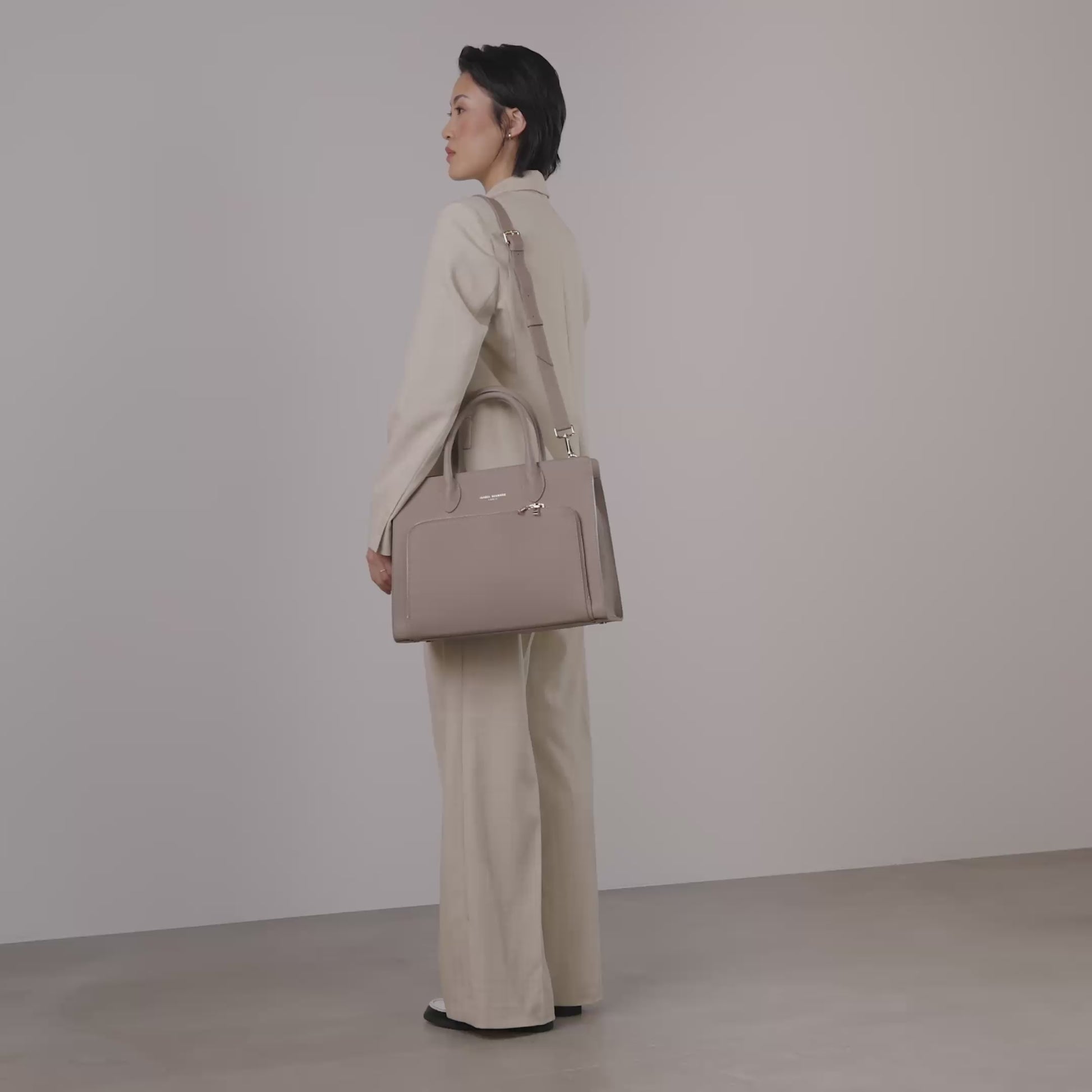 Honoré Nadine taupe calfskin leather handbag with 13 inch laptop pocket - - Isabel Bernard